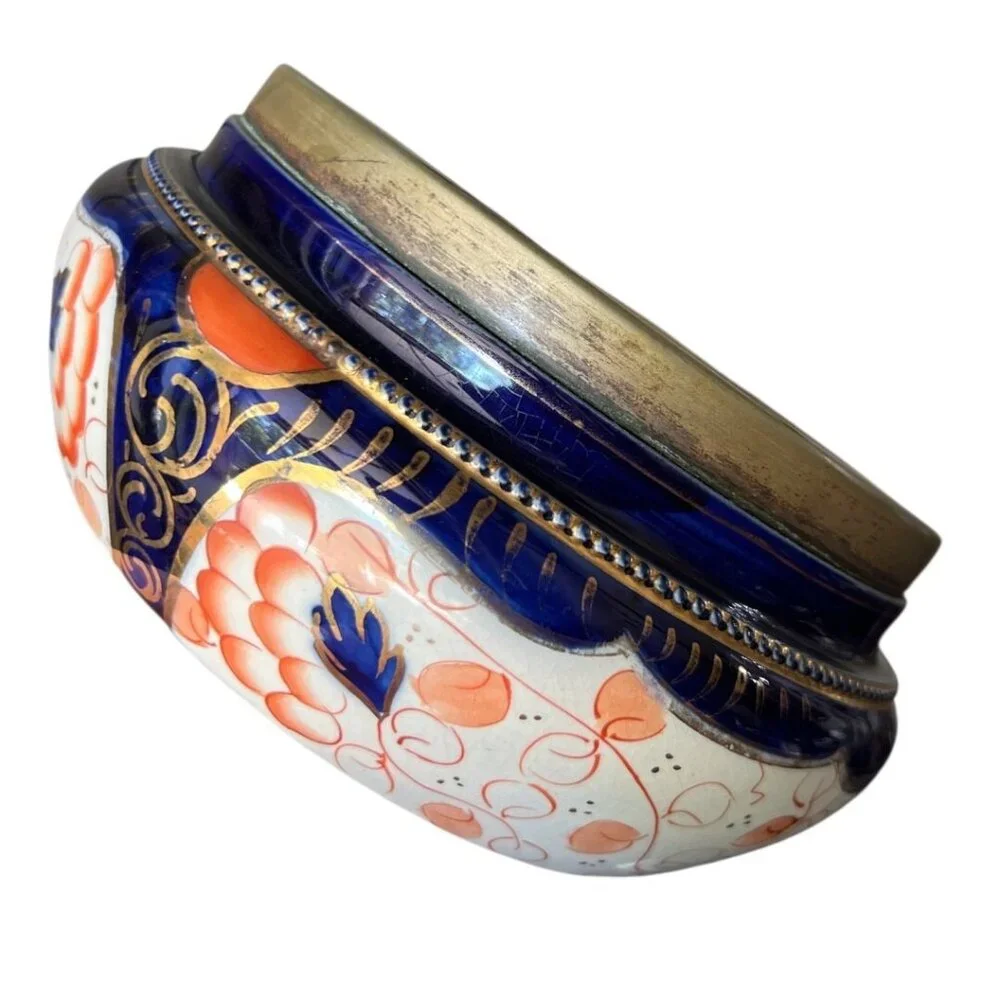 Antique A. Wood & Co Jardinière Bowl‎ Cobalt Floral Gold Brass Rim Crown Mark